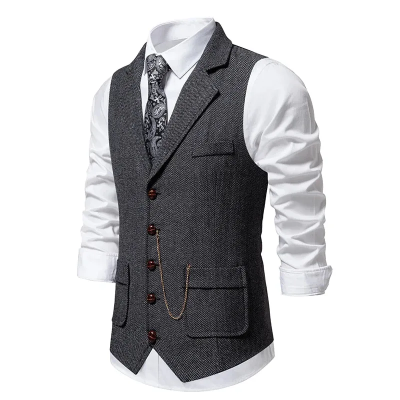 Aidase Men's Retro Lapel Chain Vest Fashion Herringbone Coarse Tweed Pockets Suit Vest British Casual Vintage Gentleman Leisure Party