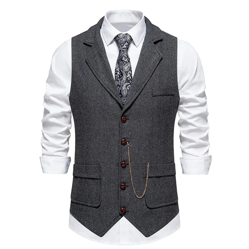 Aidase Men's Retro Lapel Chain Vest Fashion Herringbone Coarse Tweed Pockets Suit Vest British Casual Vintage Gentleman Leisure Party