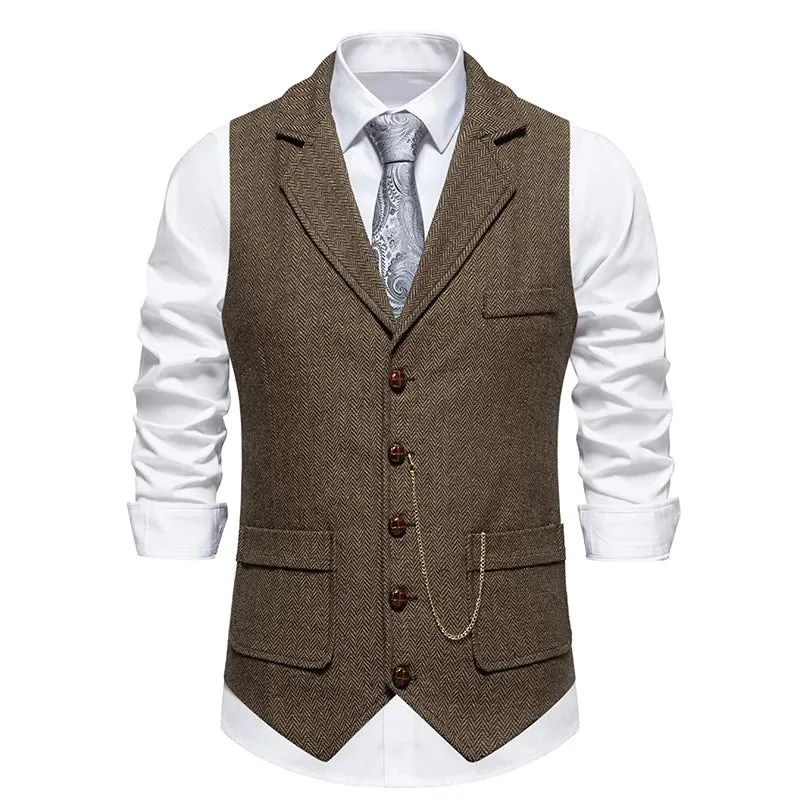 Aidase Men's Retro Lapel Chain Vest Fashion Herringbone Coarse Tweed Pockets Suit Vest British Casual Vintage Gentleman Leisure Party