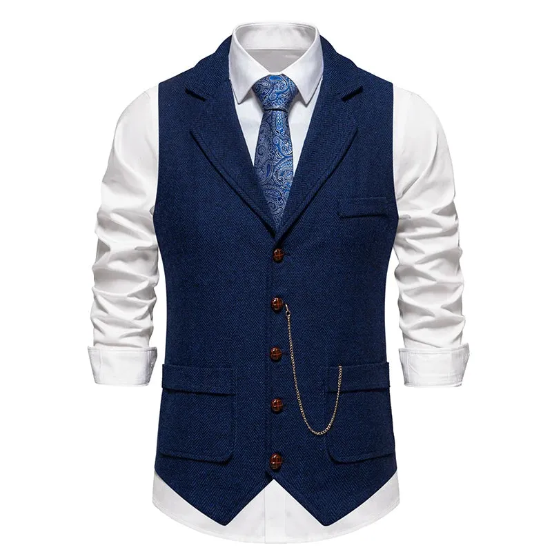 Aidase Men's Retro Lapel Chain Vest Fashion Herringbone Coarse Tweed Pockets Suit Vest British Casual Vintage Gentleman Leisure Party