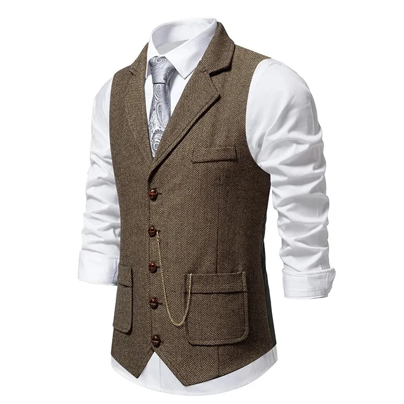 Aidase Men's Retro Lapel Chain Vest Fashion Herringbone Coarse Tweed Pockets Suit Vest British Casual Vintage Gentleman Leisure Party