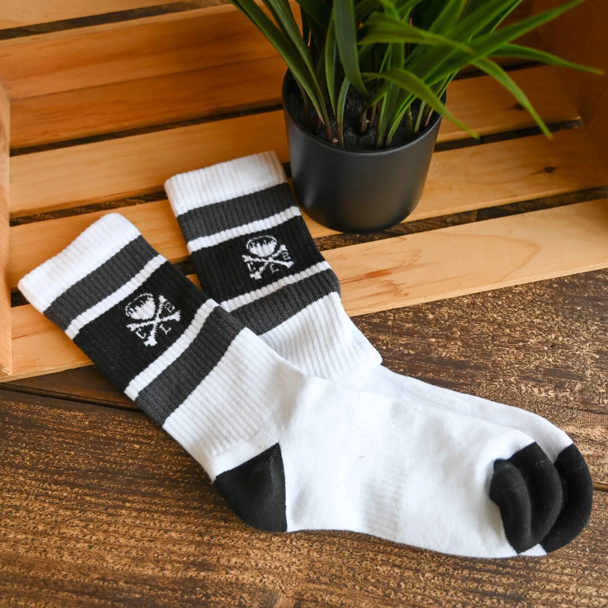 CLE Logo - Striped Crew Socks - Black/Grey