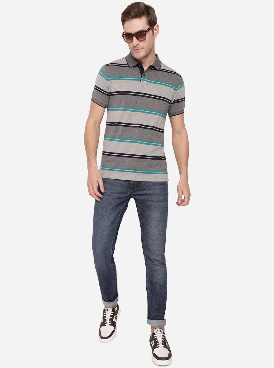 Gunmetal Grey Striped Slim Fit Polo T-Shirt | Greenfibre