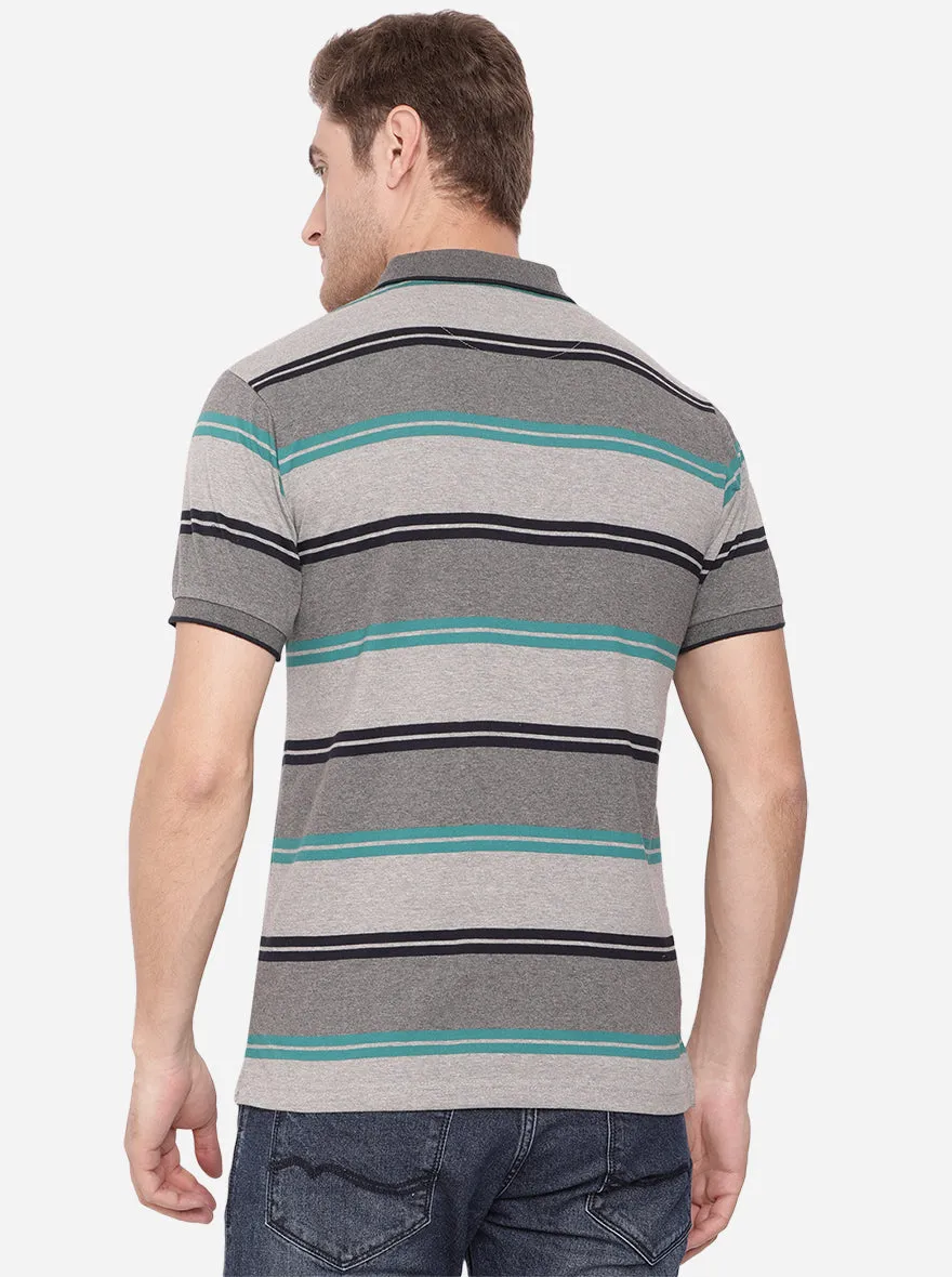 Gunmetal Grey Striped Slim Fit Polo T-Shirt | Greenfibre