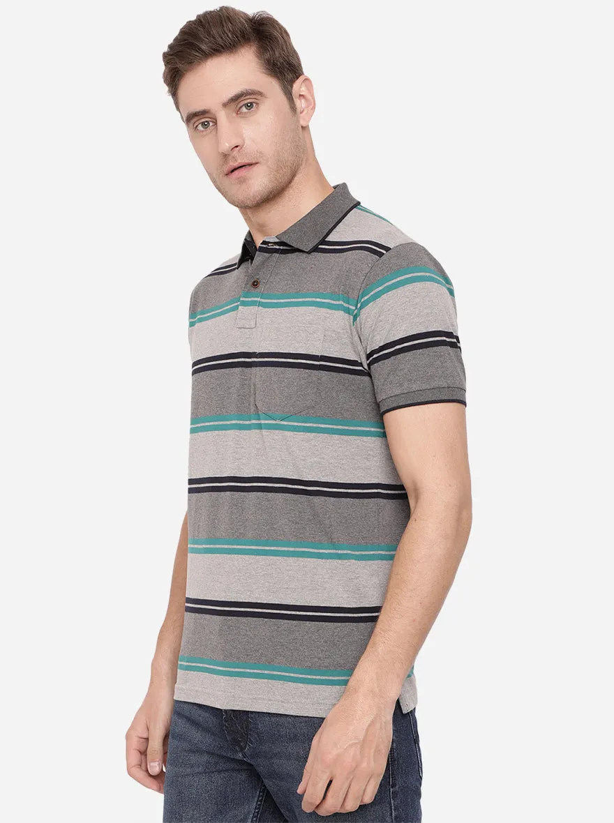 Gunmetal Grey Striped Slim Fit Polo T-Shirt | Greenfibre