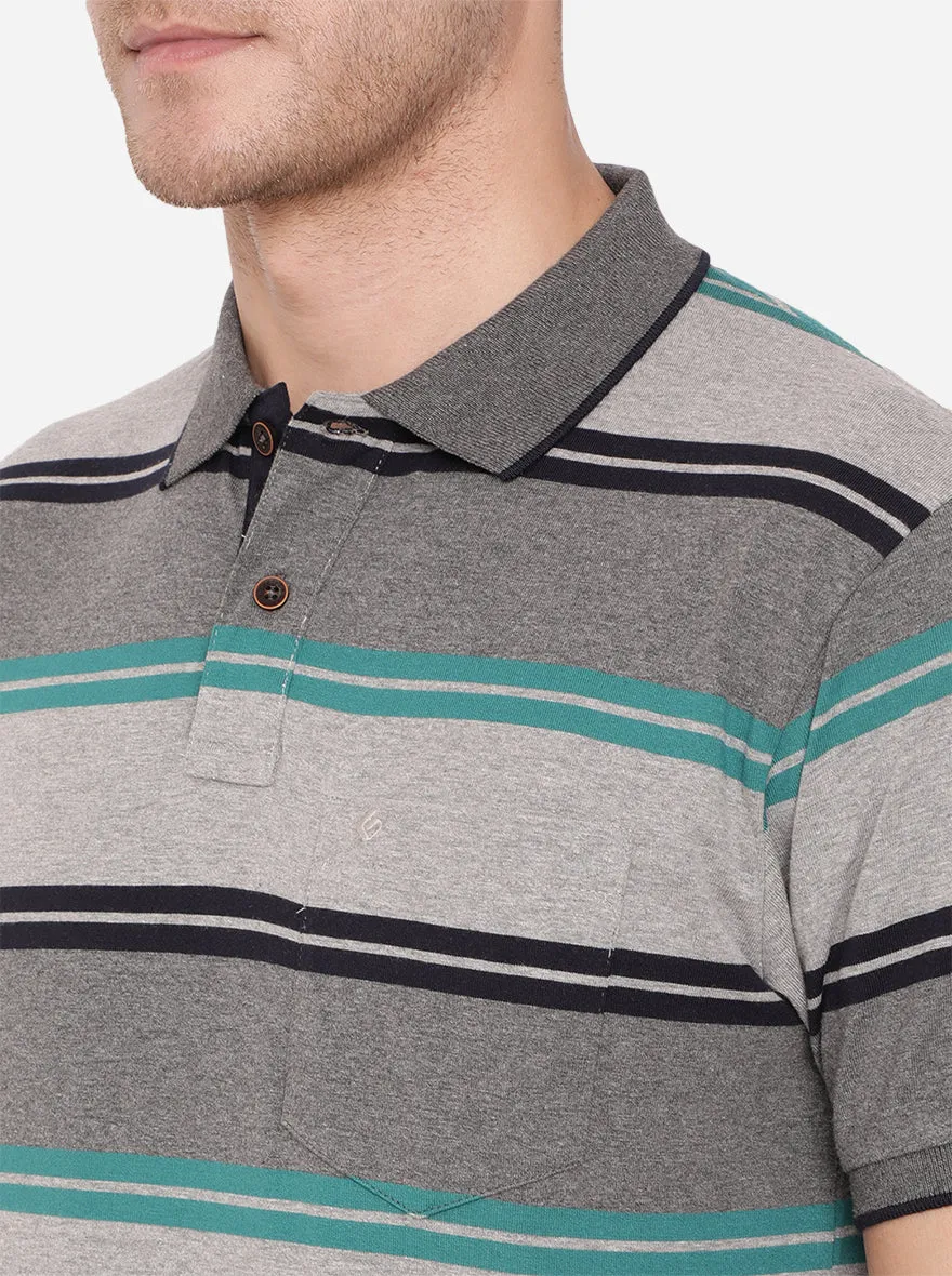 Gunmetal Grey Striped Slim Fit Polo T-Shirt | Greenfibre