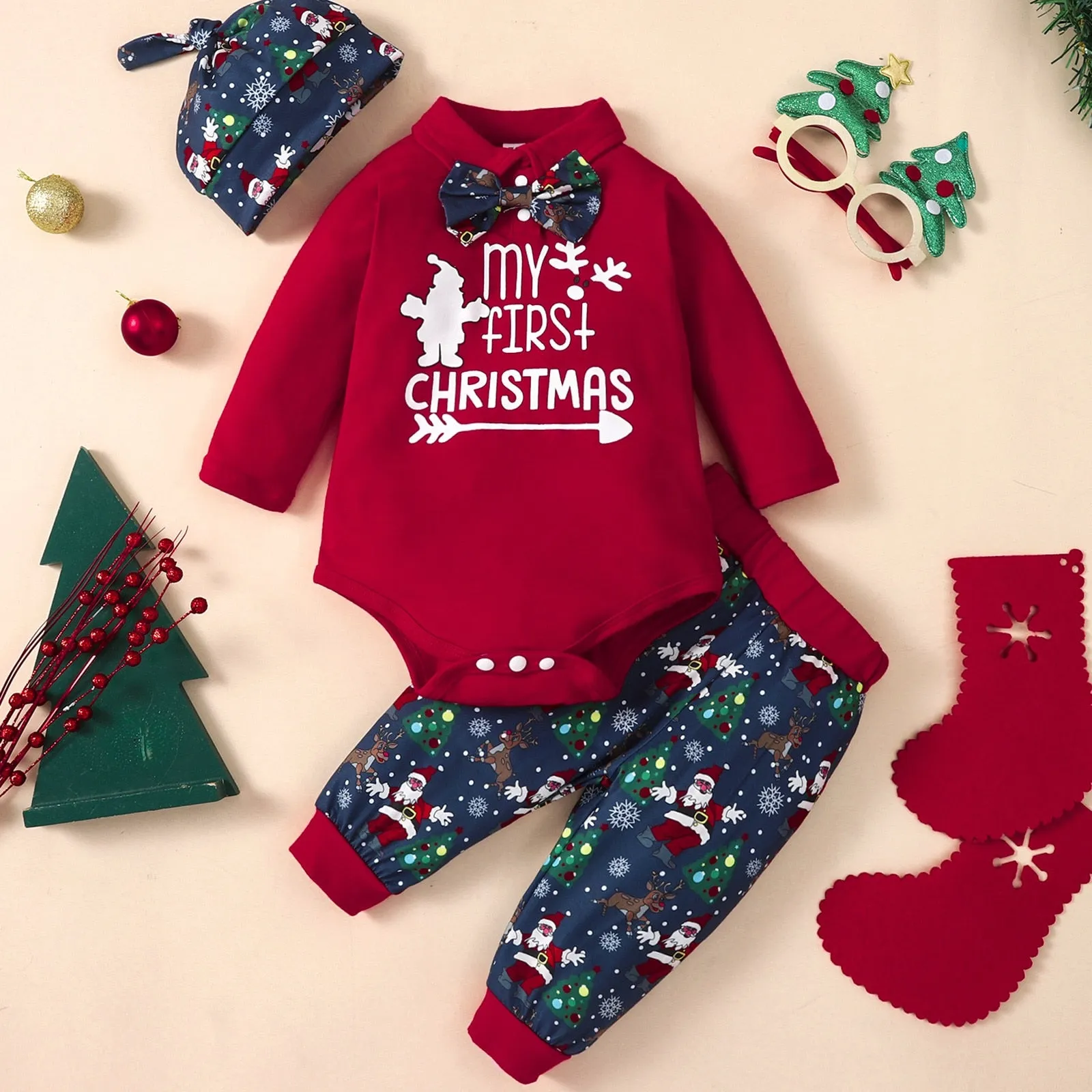 Infant Boys Girls Winter Long Sleeve Christmas Santa Cartoon Prints Romper Pants Hat Outfit