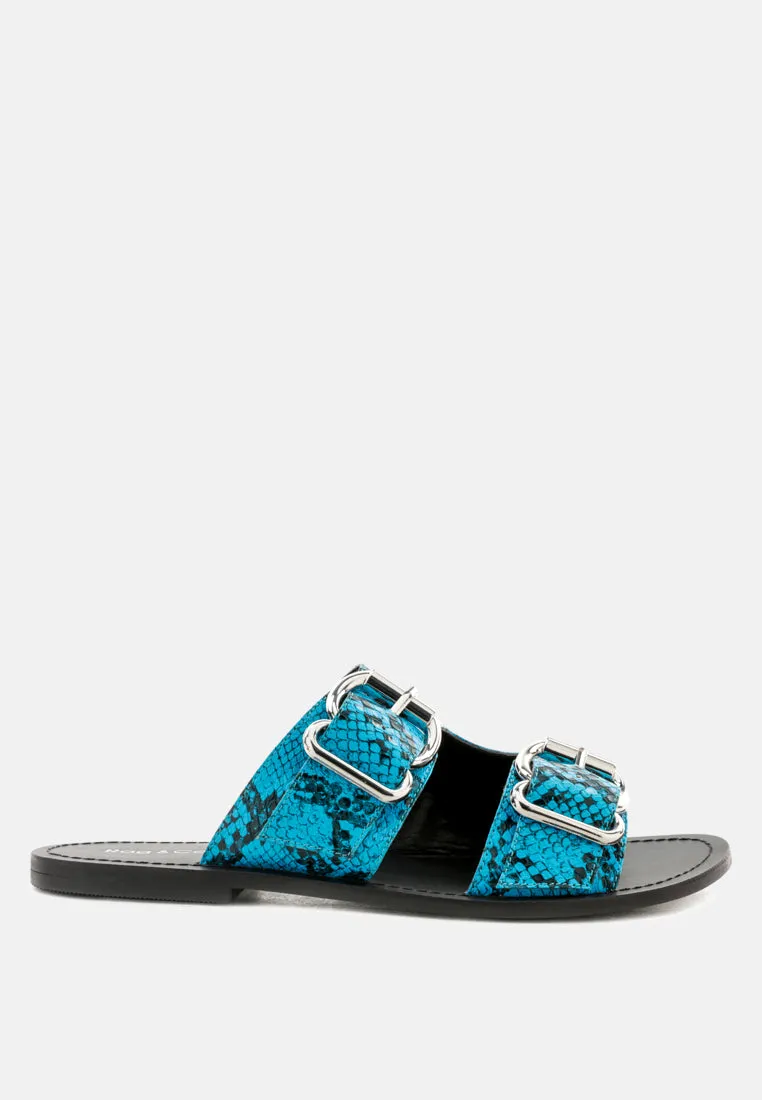 KELLY Blue Flat Sandal with Buckle Straps