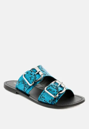 KELLY Blue Flat Sandal with Buckle Straps