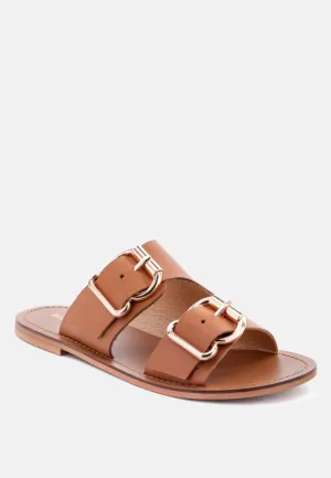 KELLY Tan Flat Sandal with Buckle Straps