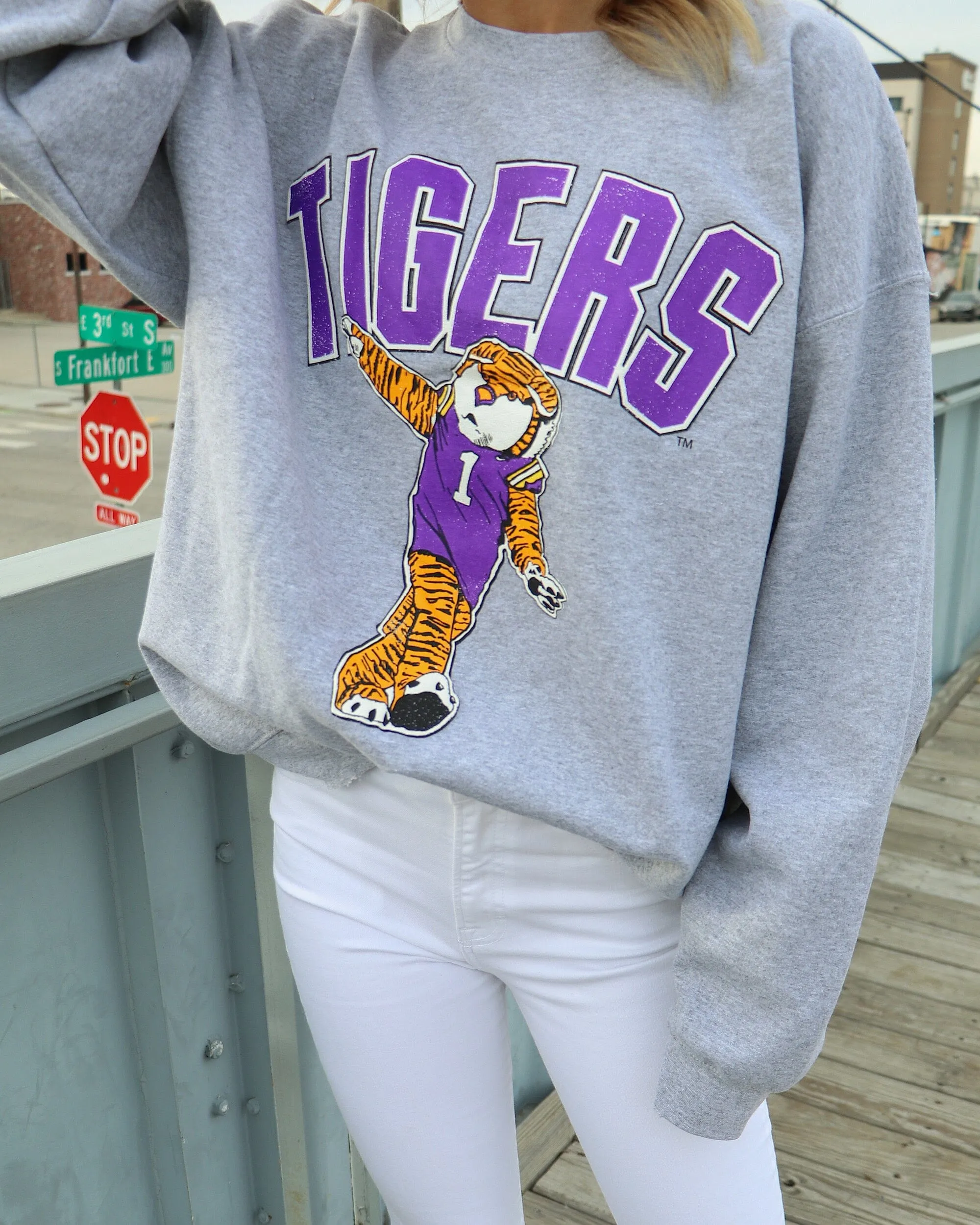 LSU Tigers Cartoon Mascot Puff Ink Gray Thrifted Sweatshirt