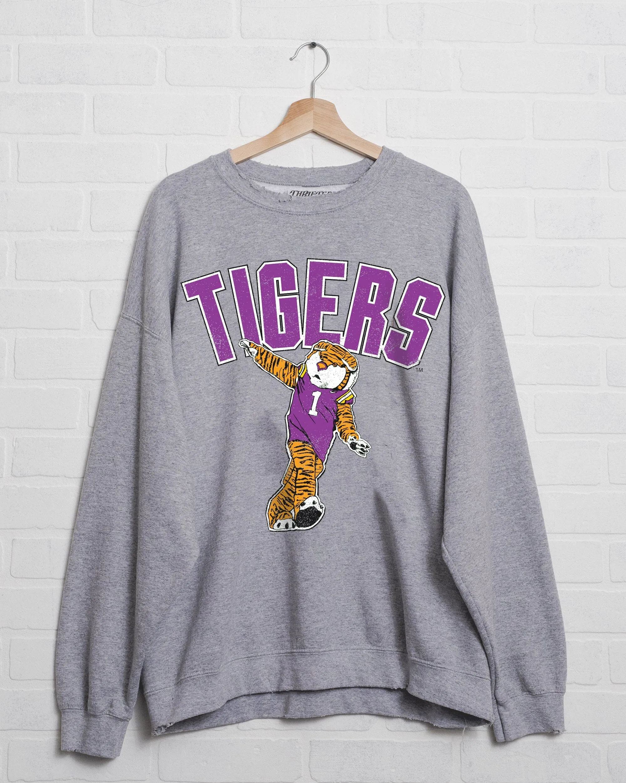 LSU Tigers Cartoon Mascot Puff Ink Gray Thrifted Sweatshirt