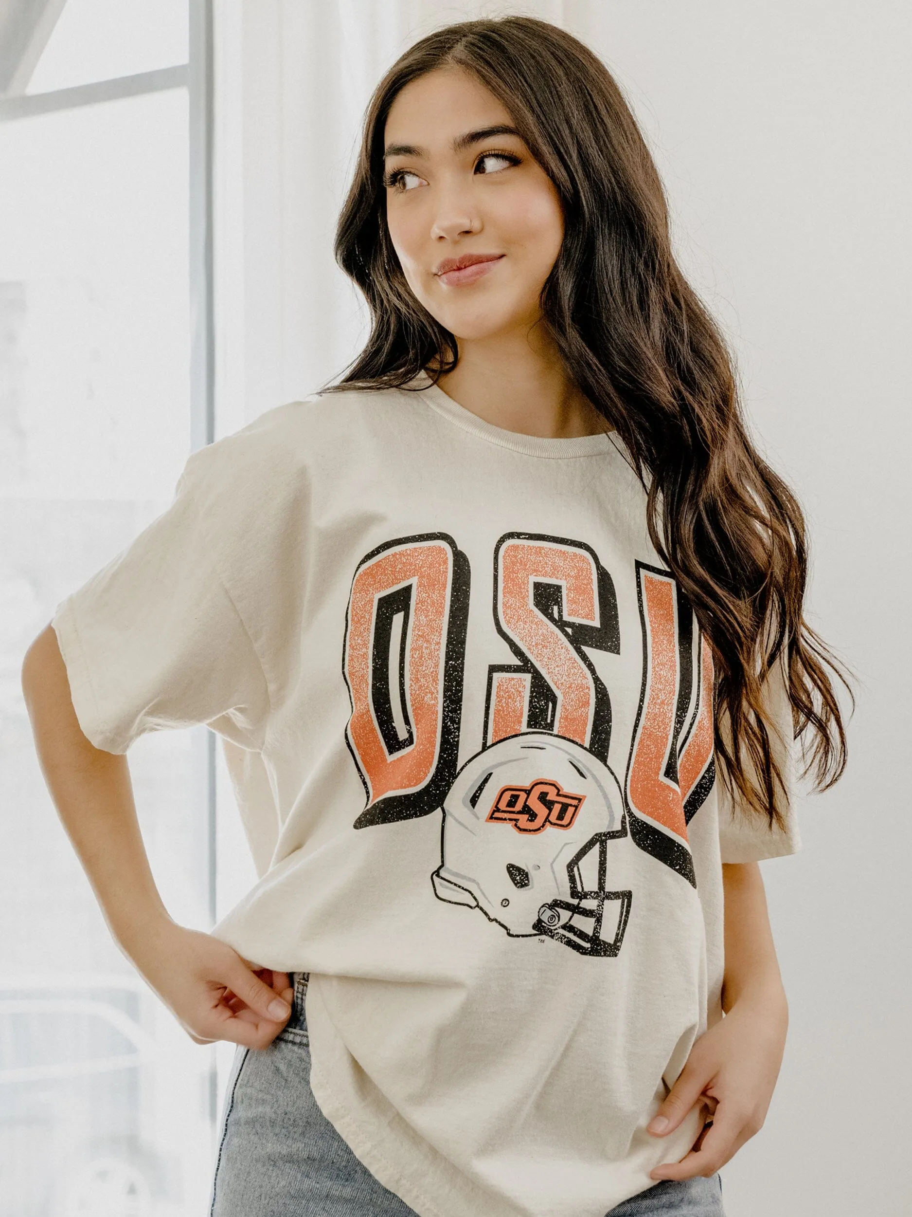 OSU Cowboys Helmet Fade Off White Thrifted Tee