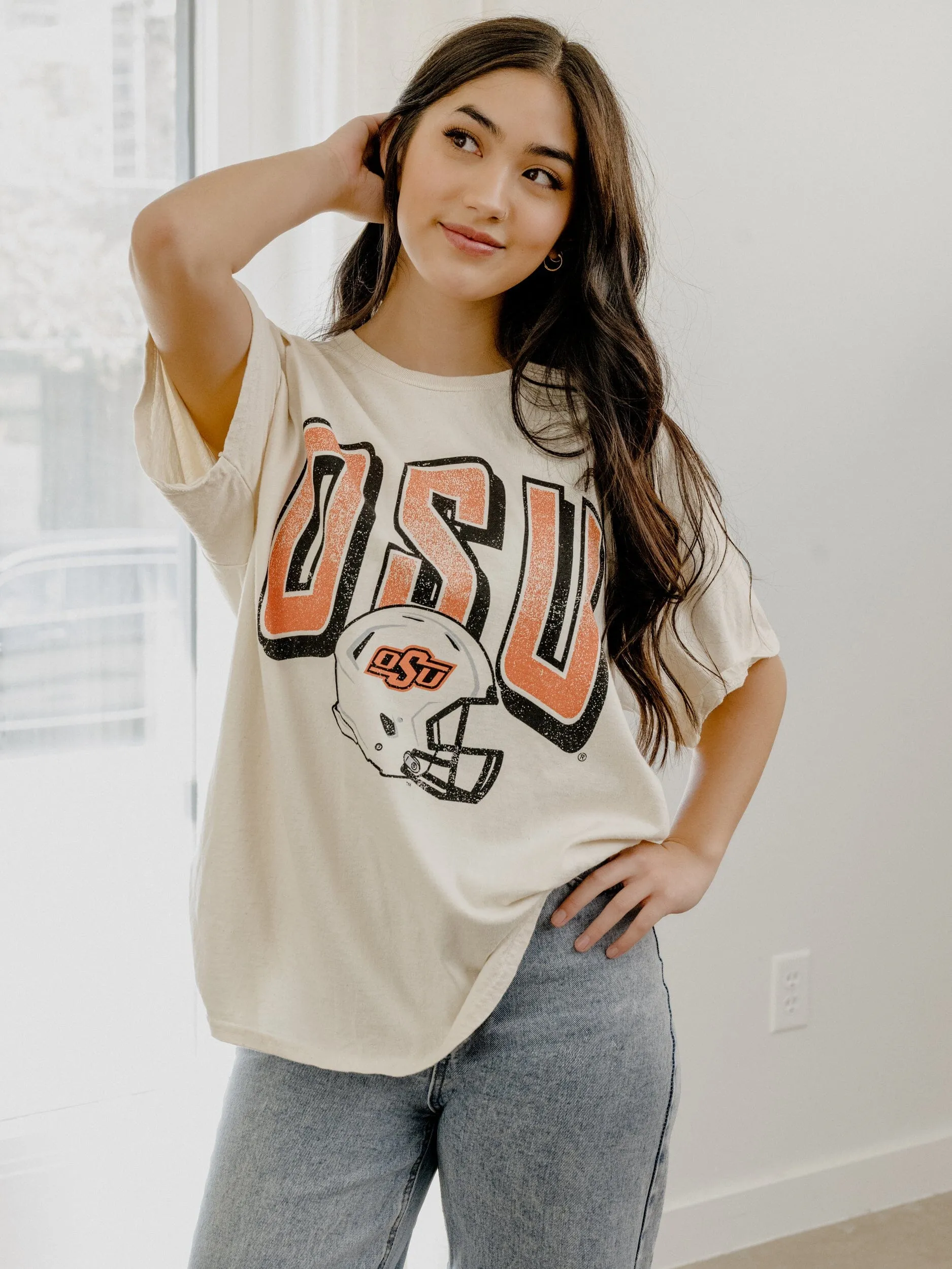 OSU Cowboys Helmet Fade Off White Thrifted Tee