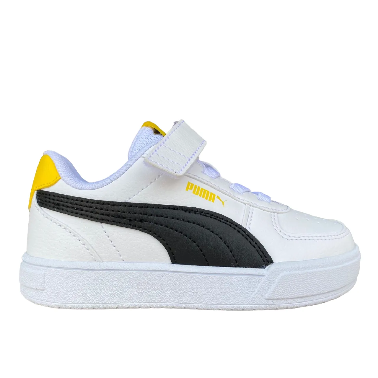 Puma unisex junior low sneakers with elastic lace and velcro Caven AC PS 389307 14 white-black-yellow