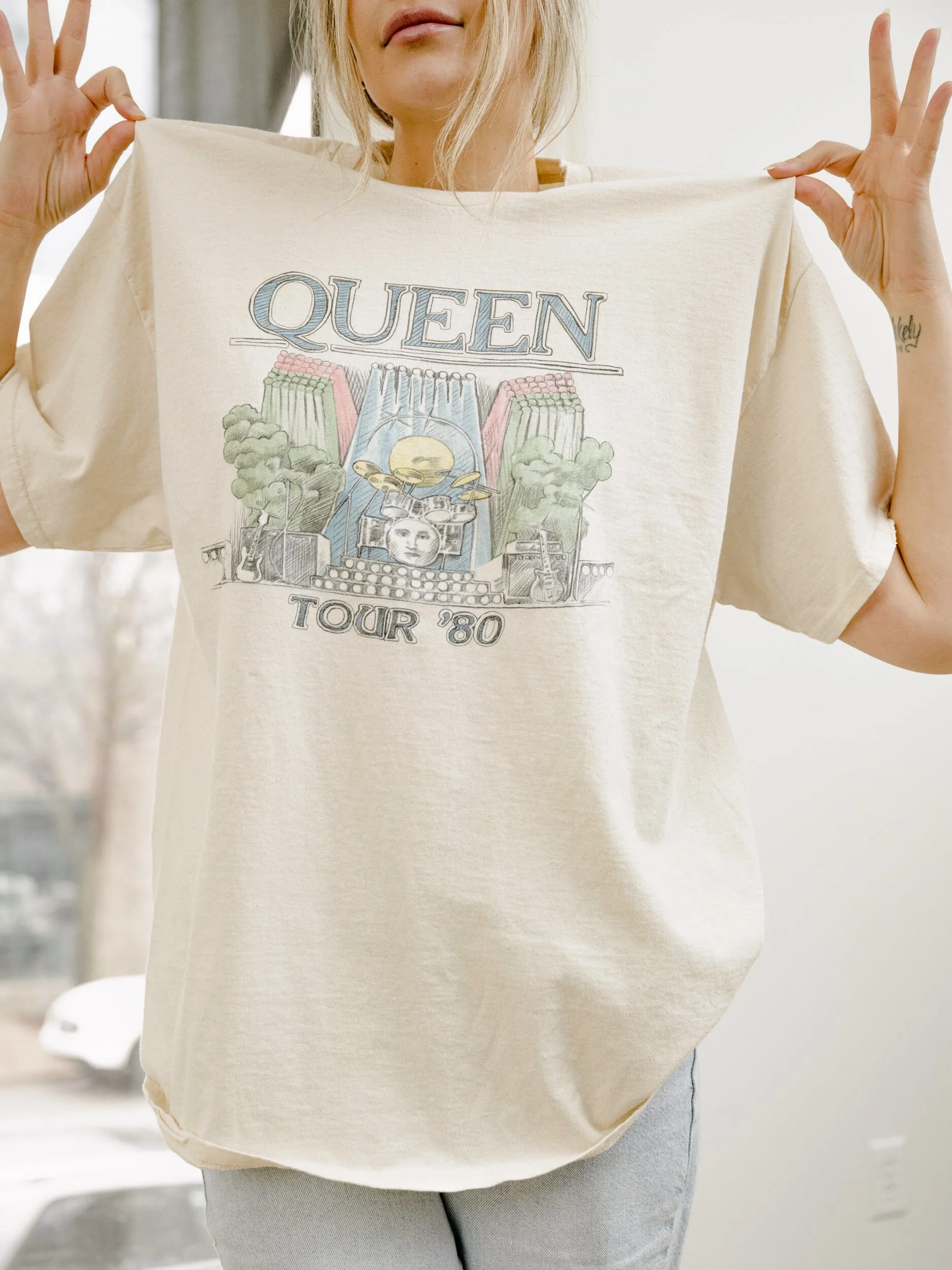 Queen 1980 Tour Off White Thrifted Tee