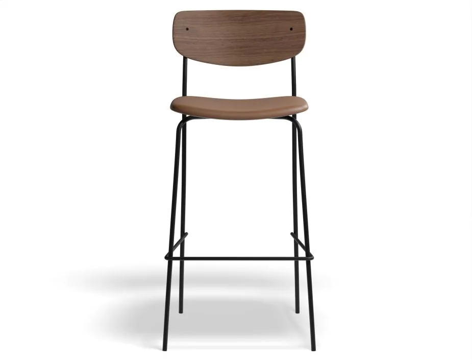 Rylie Stool - Padded Seat with Walnut Backrest - 75cm Bar Height - Tan Vegan Leather Seat