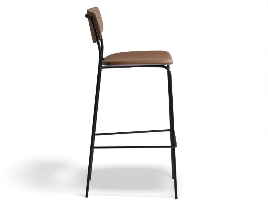 Rylie Stool - Padded Seat with Walnut Backrest - 75cm Bar Height - Tan Vegan Leather Seat