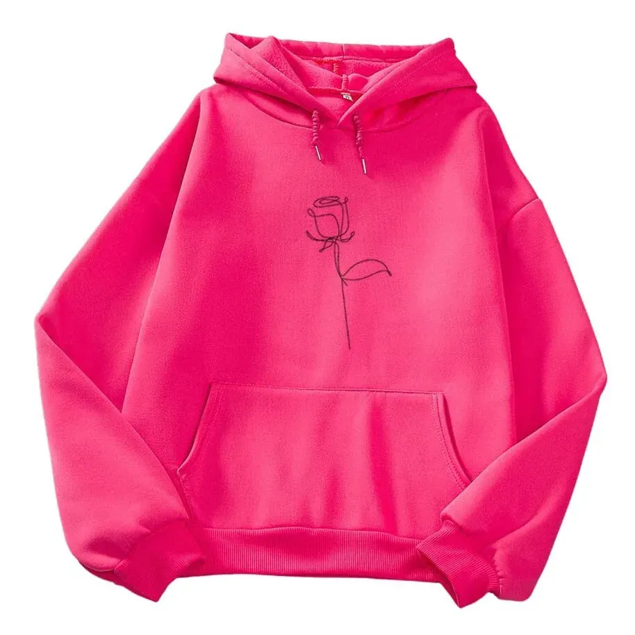 Simple Rose Outline Lightweight Women's Hoodie: Casual Everyday Floral Ladies Hoodie Hooded Sweatshirt