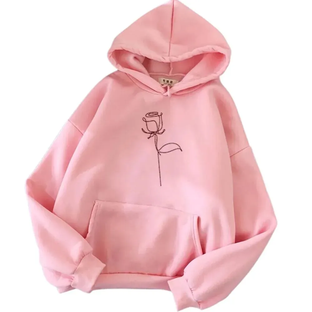 Simple Rose Outline Lightweight Women's Hoodie: Casual Everyday Floral Ladies Hoodie Hooded Sweatshirt