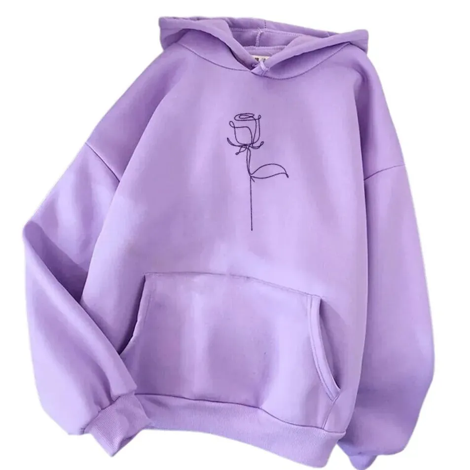 Simple Rose Outline Lightweight Women's Hoodie: Casual Everyday Floral Ladies Hoodie Hooded Sweatshirt