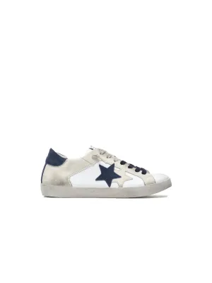 Sneakers Low 100 In Pelle Bianca - Dettagli In Crosta Ghiaccio E Blu Con Effetto ''Used''