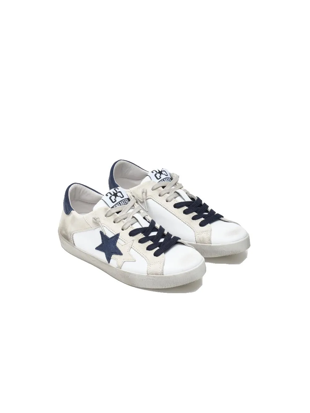 Sneakers Low 100 In Pelle Bianca - Dettagli In Crosta Ghiaccio E Blu Con Effetto ''Used''