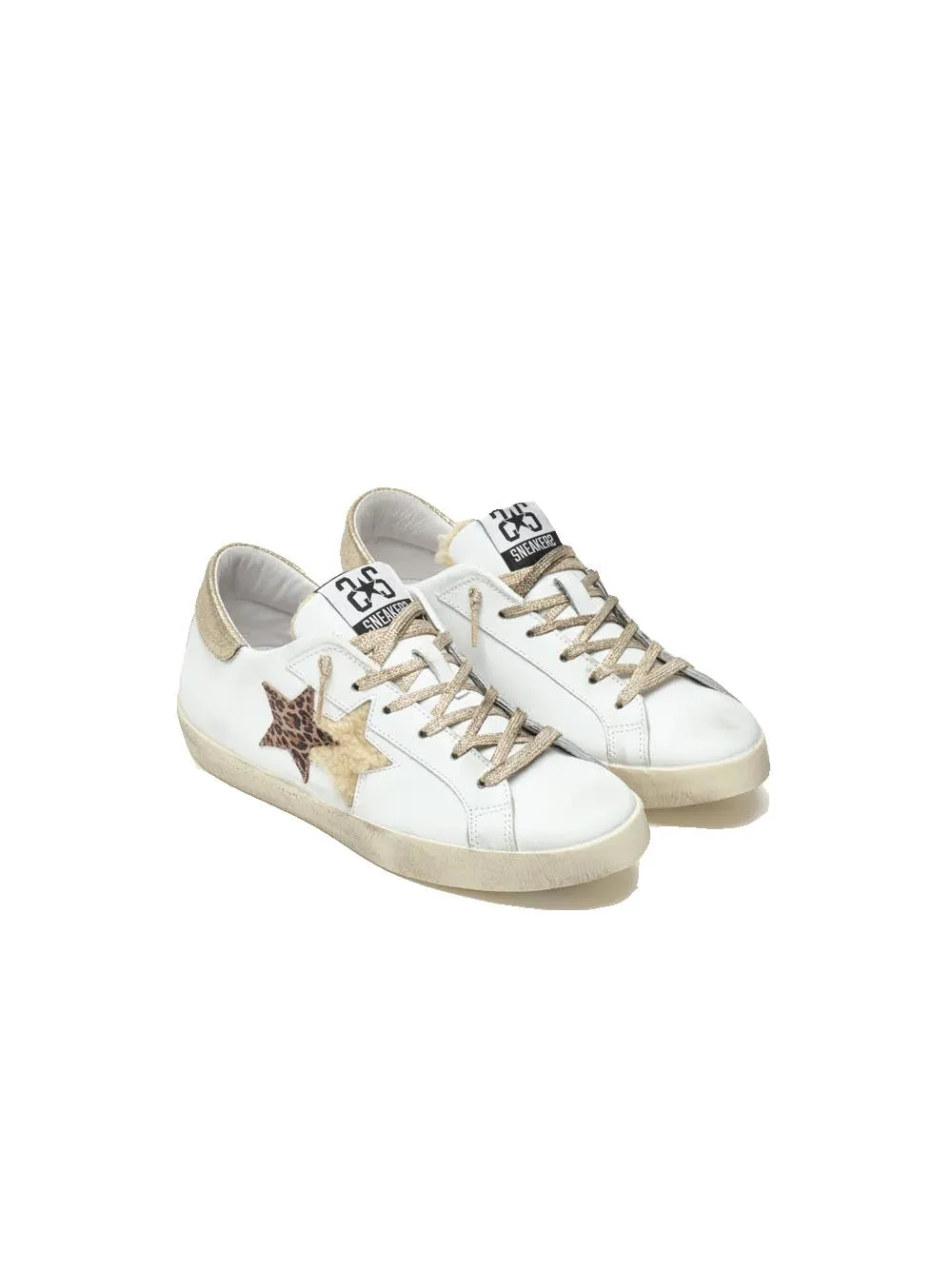 Sneakers Low Pelle Bianca Con Dettagli In cRosta Oro E Leopardato Ed Ecofur Panna Con Effetto ''Used''