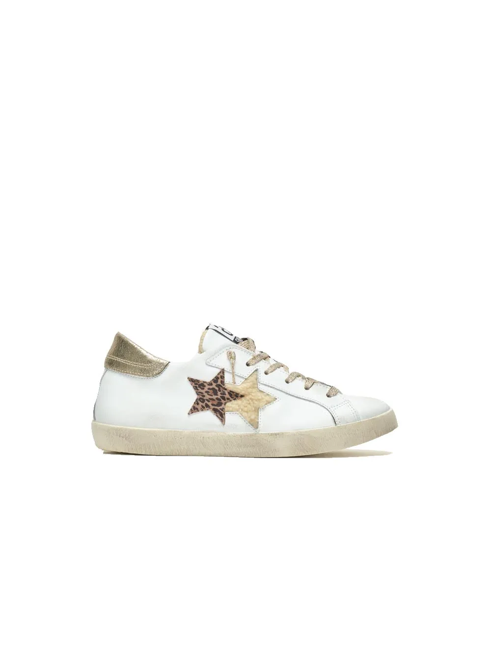 Sneakers Low Pelle Bianca Con Dettagli In cRosta Oro E Leopardato Ed Ecofur Panna Con Effetto ''Used''