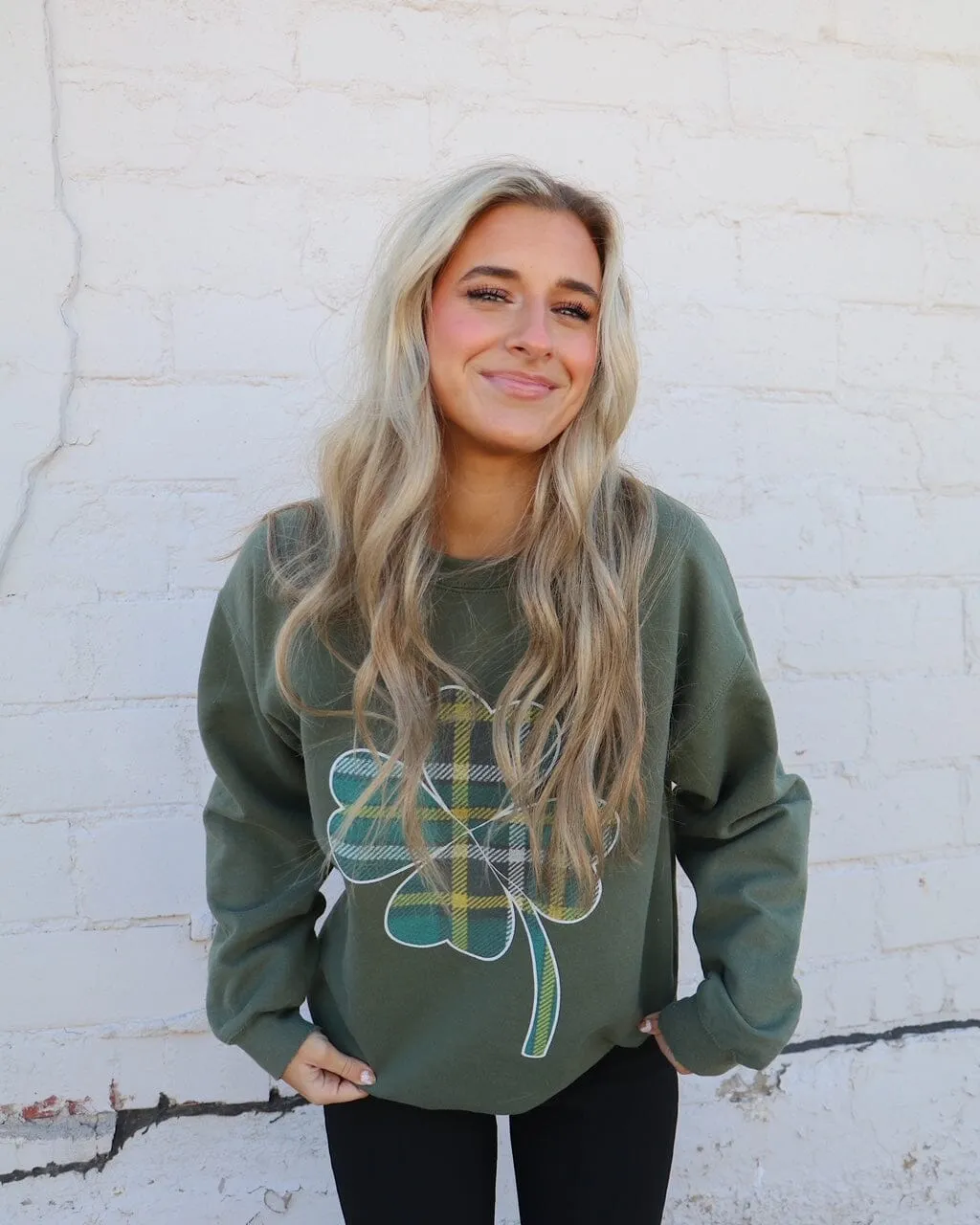 St. Patrick's Day Tartan Clover Green Thrifted Sweatshirt