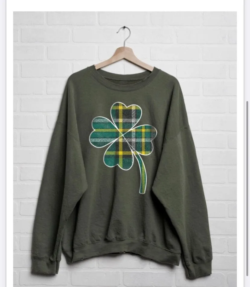 St. Patrick's Day Tartan Clover Green Thrifted Sweatshirt