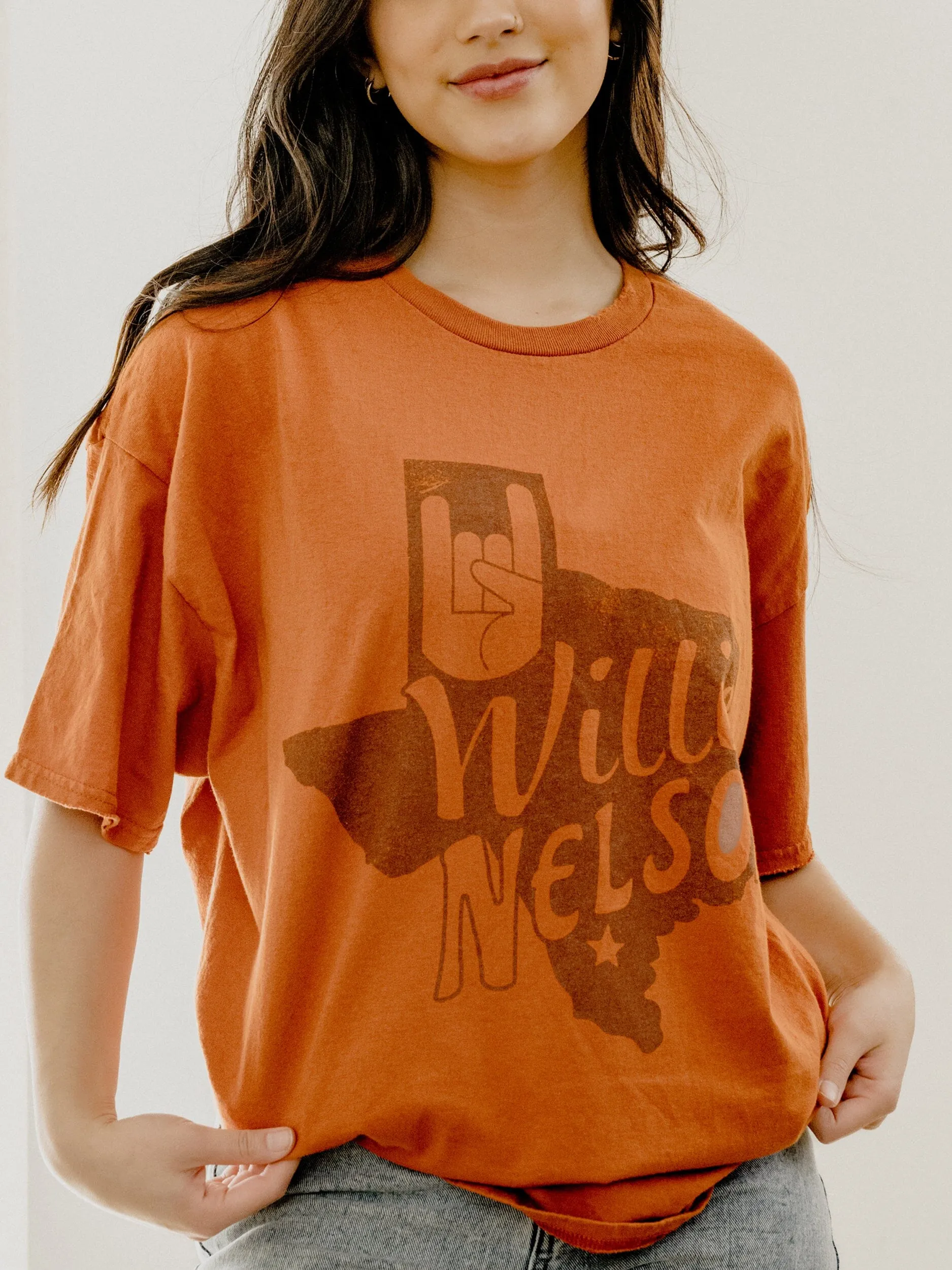 Willie Nelson UT Hook 'Em Horns Hand Sign Orange Thrifted Tee